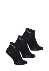 Drei Paar schwarze Knöchelsocken mit glatter Textur und weißer Logo-Beschriftung am Bund, die ein klassisches Design und eine figurbetonte Form bieten.