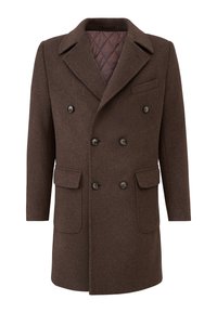 Brown wool double-breasted coat featuring a notched collar, two front pockets, four black buttons, and a quilted brown lining.