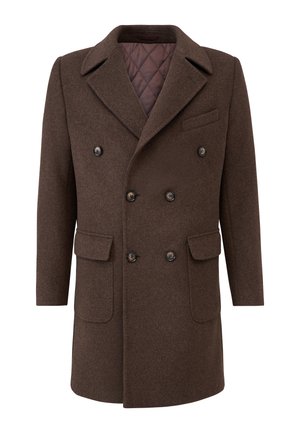 Brown wool double-breasted coat featuring a notched collar, two front pockets, four black buttons, and a quilted brown lining.