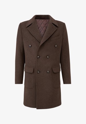 Bruine wollen dubbelzijdige jas met een notch-kraag, twee voorzakken, vier zwarte knopen en een gewatteerde bruine voering.