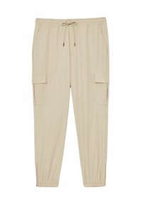 Pantalones cargo beige fabricados con tela suave, que presentan una cinturilla elástica con cordón, bolsillos laterales y puños con cremallera.