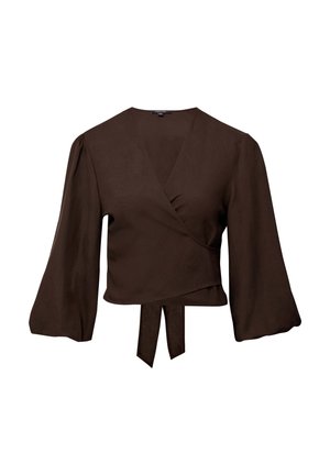 Brown wrap top made of soft fabric with a deep V-neck, long bell sleeves, and a tie detail at the waist. Smooth texture and simple design.