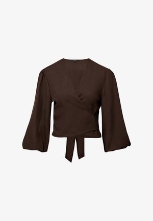 Top avvolgente marrone realizzato in tessuto morbido con scollatura a V profonda, maniche lunghe a campana e dettaglio a fiocco in vita. Texture liscia e design semplice.