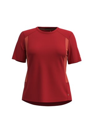 Red short-sleeve athletic shirt with a round neckline, featuring mesh side panels for breathability; smooth texture and tailored fit.