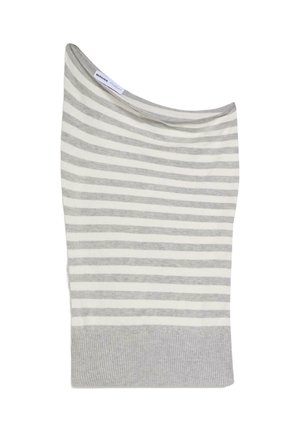 Sivá a biela horizontálne pruhovaná pletená sukňa s rebrovaným pásom a malou značkou v hornej časti.