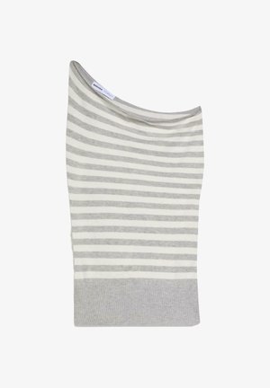 Grijs-witte horizontaal gestreepte gebreide rok met geribde tailleband en een klein merklabel aan de bovenrand.