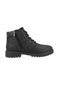 Schwarze Knöchelboots mit einem glatten synthetischen Obermaterial, Schnürverschluss, seitlichem Reißverschluss, robustem Profilsohle und kontrastierenden weißen Nähten.