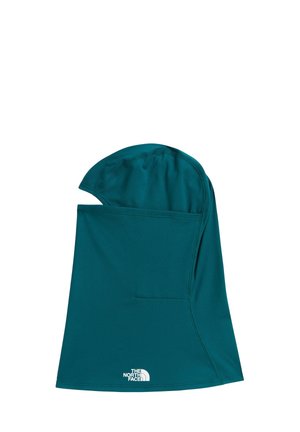 Türkisfarbene Balaclava mit Gesichtsabdeckung und Kapuze, das The North Face-Logo am unteren Rand zeigend.