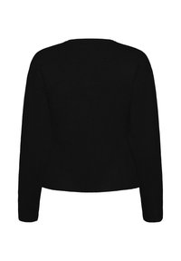 Melna džemperis, adīts materiāls, apaļš kakls, garas piedurknes, īsais dizains, gluda tekstūra, minimālistisks stils, bez redzamām akcentiem vai rakstiem.