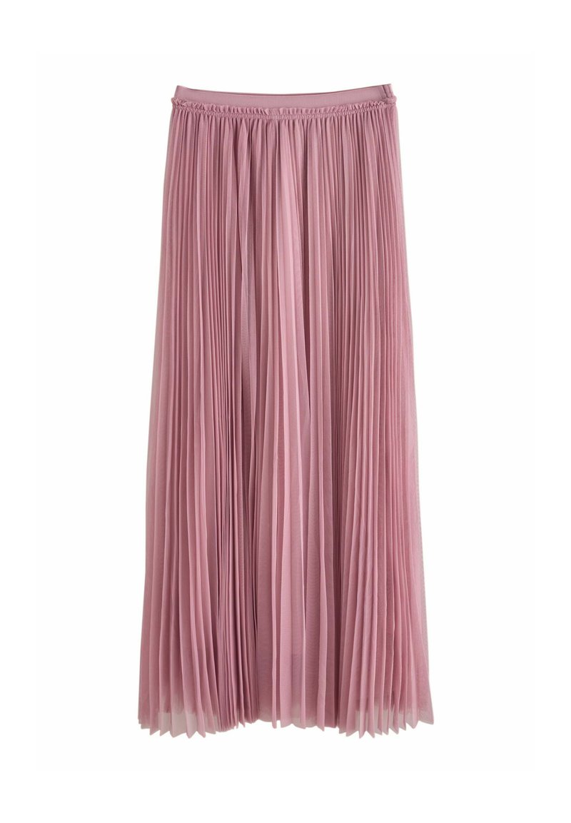 Jupe midi plissée de couleur rose pâle. Fabriquée en matériau doux et léger. Taille élastique avec un design fluide et une texture de tissu uniforme.