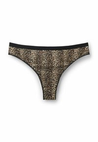 Leopardprint string met een zwarte elastische tailleband. Zachte stof met een gladde textuur; laag uitgesneden. Kenmerkt een klassiek dierenpatroon.