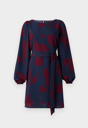 Navy dress with maroon abstract pattern, long puff sleeves, a cinched waist with a tie, and a round neckline. Smooth, lightweight fabric.