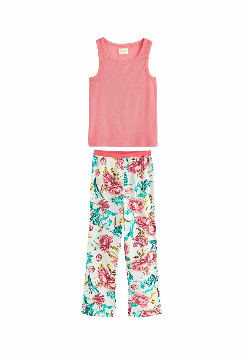 Korallinvärinen ribbad tank top yhdistetty valkoisiin pyjama-housuihin, joissa on vaaleanpunaisia ja turkooseja kukkakuoseja sekä elastinen vyötärö.