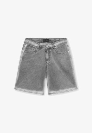 Pelēkie džinsi šorti ar piecu kabatu dizainu, redzamām šuvēm un pogu aizdari viduklī. Gluda tekstūra ar izgaismotu apdari.