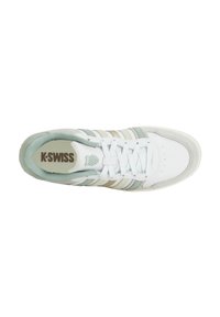 K-Swiss sneaker featuring a white leather upper with light green and gold accents, perforated toe box, and a textured sole.