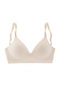 Spitzen-Bralette in hellbeige mit dreieckiger Form, verstellbaren Trägern und strukturiertem Muster, ausgestattet mit einem glatten Bund am unteren Rand.