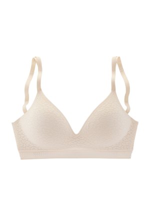 Lace bralette in light beige with a triangular shape, adjustable straps, and a textured pattern, featuring a smooth band at the bottom.