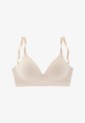Lace bralette in light beige with a triangular shape, adjustable straps, and a textured pattern, featuring a smooth band at the bottom.
