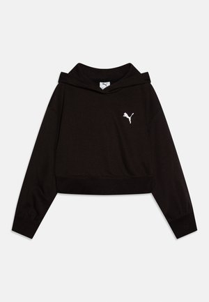 Sudadera negra recortada con mangas largas, puños y bajo de canalé, con un pequeño logo blanco de Puma en el pecho izquierdo.