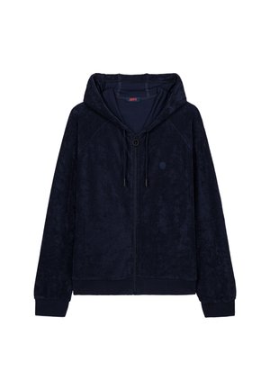 Felpa con cappuccio in morbido pile blu navy con cerniera integrale, cappuccio con coulisse, polsini a costine e piccolo logo ricamato sul lato anteriore sinistro.