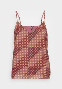 Camisola vermelha e rosa com padrão, com alças ajustáveis, apresentando um design geométrico de flores amarelas e azuis. Detalhe de decote em V.
