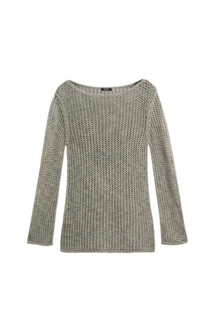 Pull gris à manches longues en maille ajourée, col rond, posé à plat sur un fond blanc.