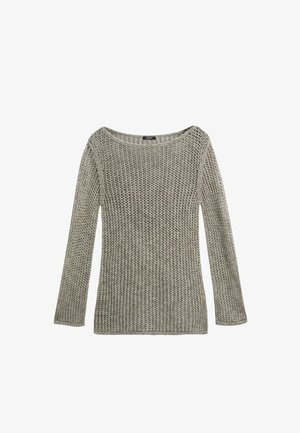 Pull gris à manches longues en maille ajourée, col rond, posé à plat sur un fond blanc.