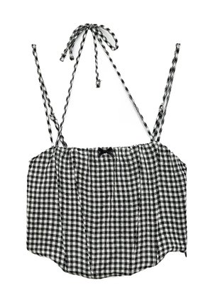 Mustat ja valkoiset ruudulliset lyhyt leikkauksellinen toppi, jossa on säädettävät punotut hihnat, rypistyvä yläosa ja pieni nauhakiinnitys keskellä etuosaa.