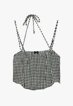 Black and white gingham crop top with adjustable braided straps, ruched bodice, and a small bow detail at the center front.
