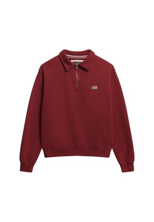Bordeaux kwart-rits pullover sweatshirt met een kraag, geribde manchetten en zoom, en een klein vlaggenlogo op de borst. Zacht katoenmateriaal.