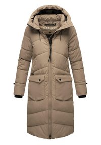 Long beige puffer coat with a hood, featuring a front zipper, two large flap pockets, and elastic cuffs. Quilted texture throughout.