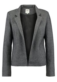 Grauer Fischgrät-Blazer mit Reverskragen, Ein-Knopf-Verschluss und langen Ärmeln. Gefüttertes Innenfutter mit glatter Textur.