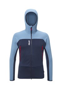 Hooded jacket in light blue and navy, featuring zippered chest pockets, textured fabric, and contrasting accents along the zipper and seams.