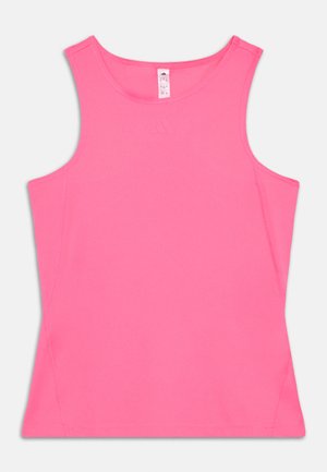 Maiou sportiv roz, cu decolteu rotund, fără mâneci, textură netedă și un detaliu subtil cu logo pe față.