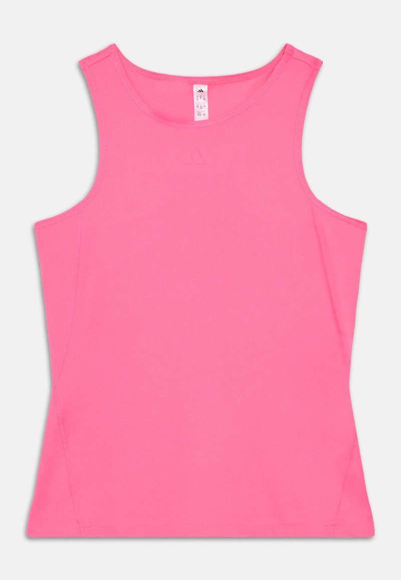 Pinkes sportliches Tanktop mit rundem Ausschnitt, ärmellosem Design, glatter Textur und dezentem Logodetail auf der Vorderseite.