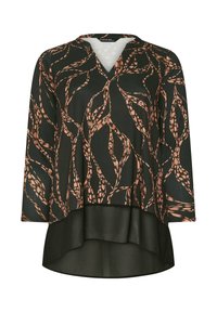 Schwarze Bluse mit V-Ausschnitt und Dreiviertelärmeln, mit einem floralen Muster in Rost und Creme. Der geschichtete Saum sorgt für Struktur.