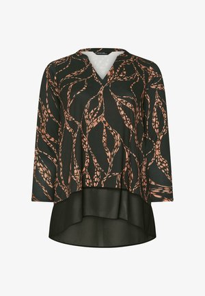 Mustat pusero, jossa on V-kaula-aukko ja kolmanneksen pituiset hihat. Rustin ja kermaisen värinen kukkakuosi. Kerroksellinen helma lisää tekstuuria.