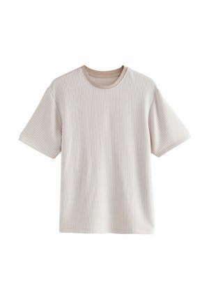 Light beige short-sleeve t-shirt with a ribbed texture. Features a round neckline with a contrasting light brown trim.