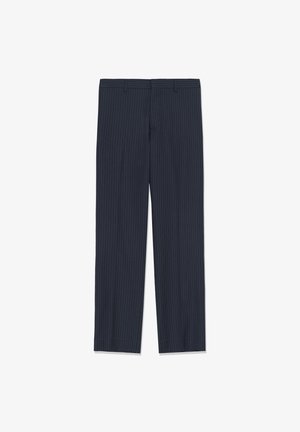 Tengerészkék tűsávos nadrág egyenes szárú szabással. Lapos elülső résszel és övtartókkal rendelkezik, sima, enyhén fénylő anyagból készült.