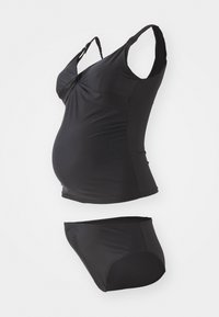 Top de maternité noir avec un design à front drapé, accompagné d'une culotte noire assortie. Les deux articles sont en tissu doux et extensible.