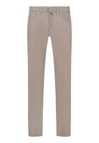 Pantalons en denim beige avec une coupe droite, deux poches avant, une poche arrière et une fermeture éclair. Texture lisse et détails de couture minimalistes.