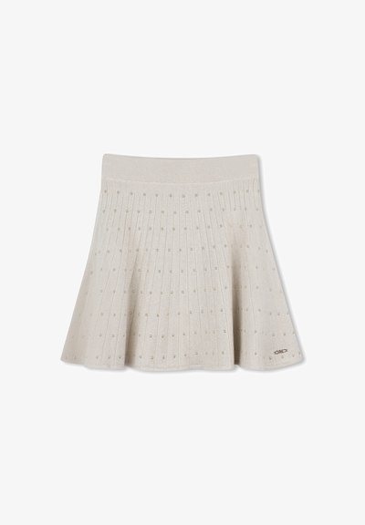 Beige Strickrock mit gerippter Textur und kleinen perlenartigen Verzierungen, mit einem eng anliegenden Taillenbund und subtiler Ausladung.