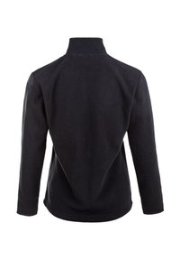 Sort fleece pullover med en mock krave, lange ærmer og et unikt skråt bagpanel-design. Blød tekstur, afslappet stil.