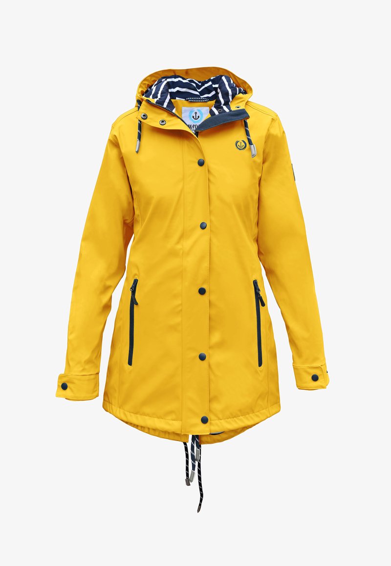 Yellow waterproof jacket with a hood, featuring striped lining, two side zip pockets, and a drawstring hem. Accented with navy buttons.