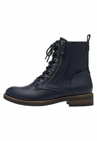 Bottines en cuir marine avec un bout arrondi, des lacets à l'avant, une fermeture éclair sur le côté et un petit talon en bois avec une surface texturée.