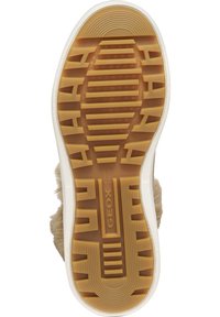 Semelle de chaussure en matériau en caoutchouc texturé beige et blanc, avec un profil de semelle à motifs et l'étiquette "GEOX ITALIAN PATENT".