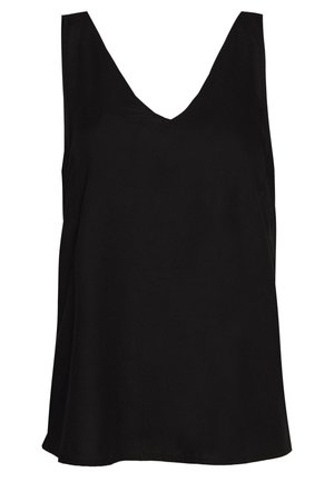 Schwarze, ärmellose Bluse mit V-Ausschnitt, weichem Stoff, lockerem Sitz und glatter Textur ohne sichtbare Muster oder Verzierungen.