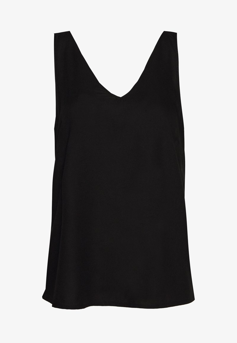 Blouse noire sans manches avec un col en V, tissu doux, coupe décontractée et texture lisse sans motifs ni accessoires visibles.