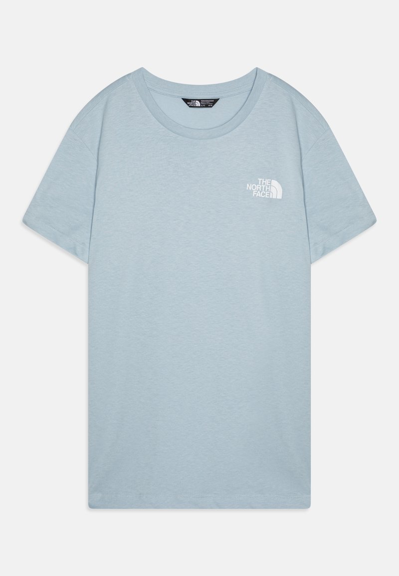 Helles blaues T-Shirt mit kurzen Ärmeln aus Baumwolle, das ein kleines weißes Logo auf der linken Brust und einen klassischen Rundhalsausschnitt aufweist.