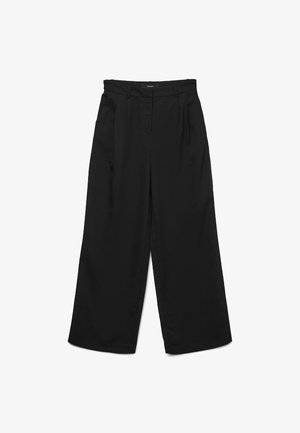 Black wide-leg trousers with a flat front, two pleats, and side pockets. Made of smooth fabric with a structured waistband.